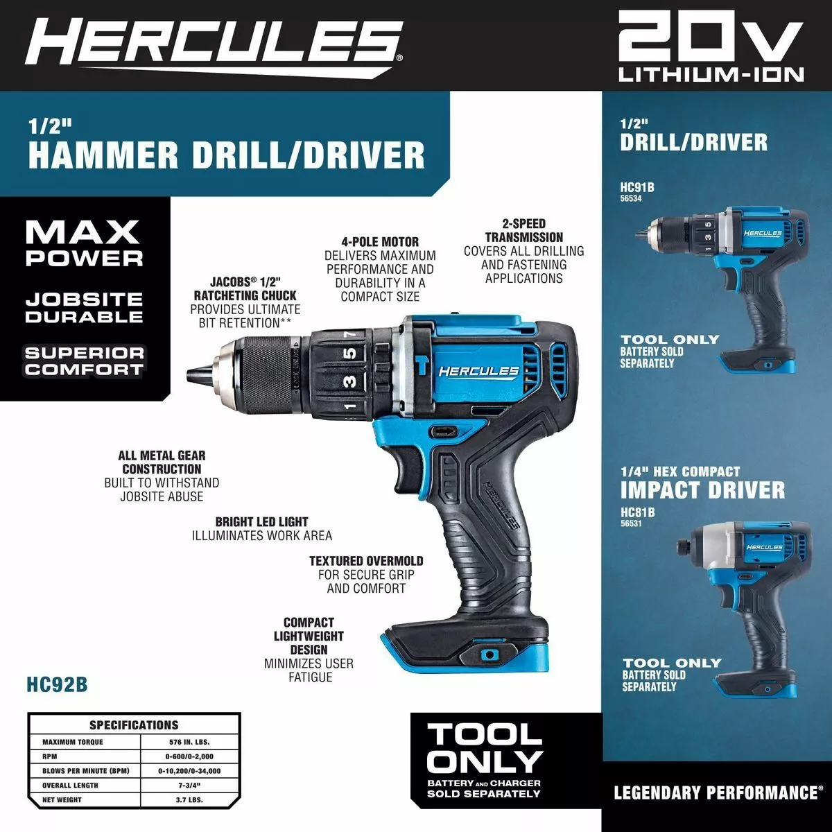 HERCULES 20V Cordless 1/2 in. Compact Variable Speed Hammer Drill/Driver - Tool Only 7 HERCULES 20V Cordless 1/2 in. Compact Variable Speed Hammer Drill/Driver - Tool Only - Image 6