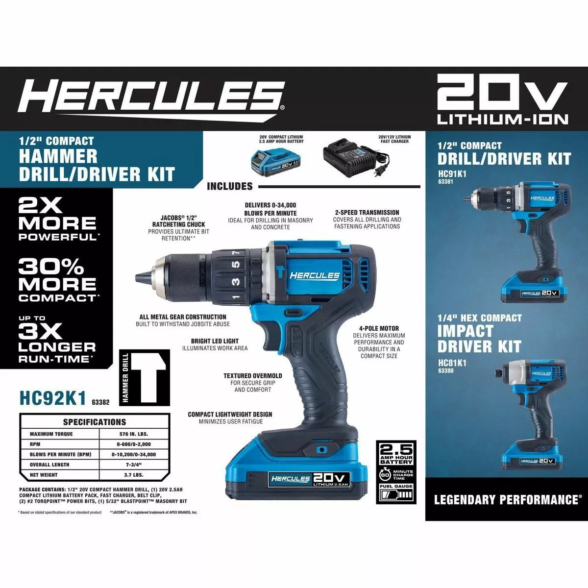 HERCULES 20V Cordless 1/2 in. Compact Variable Speed Hammer Drill/Driver - Tool Only 13 HERCULES 20V Cordless 1/2 in. Compact Variable Speed Hammer Drill/Driver - Tool Only - Image 12