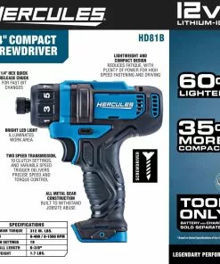HERCULES 12V Cordless 1/4 in. Hex Compact Screwdriver - Tool Only -Cheap Hercules Store 56564 W2SS