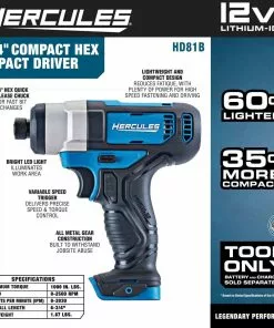 HERCULES 12V Cordless 1/4 in. Hex Compact Impact Driver - Tool Only -Cheap Hercules Store 56567 W2SS