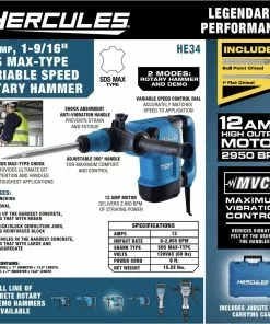 HERCULES 12 Amp 1-9/16 in. SDS Max-Type Variable Speed Rotary Hammer with Maximum Vibration Control -Cheap Hercules Store 56844 W2SS 1