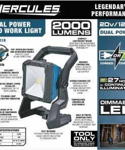 HERCULES 20v Cordless 2000 Lumen Dual Power Work Light – Tool Only -Cheap Hercules Store 57147 W2SS