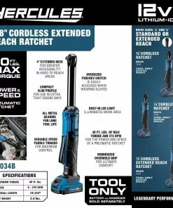 HERCULES 12V Cordless 3/8 in. Extended Reach Ratchet - Tool Only -Cheap Hercules Store 57276 W2SS