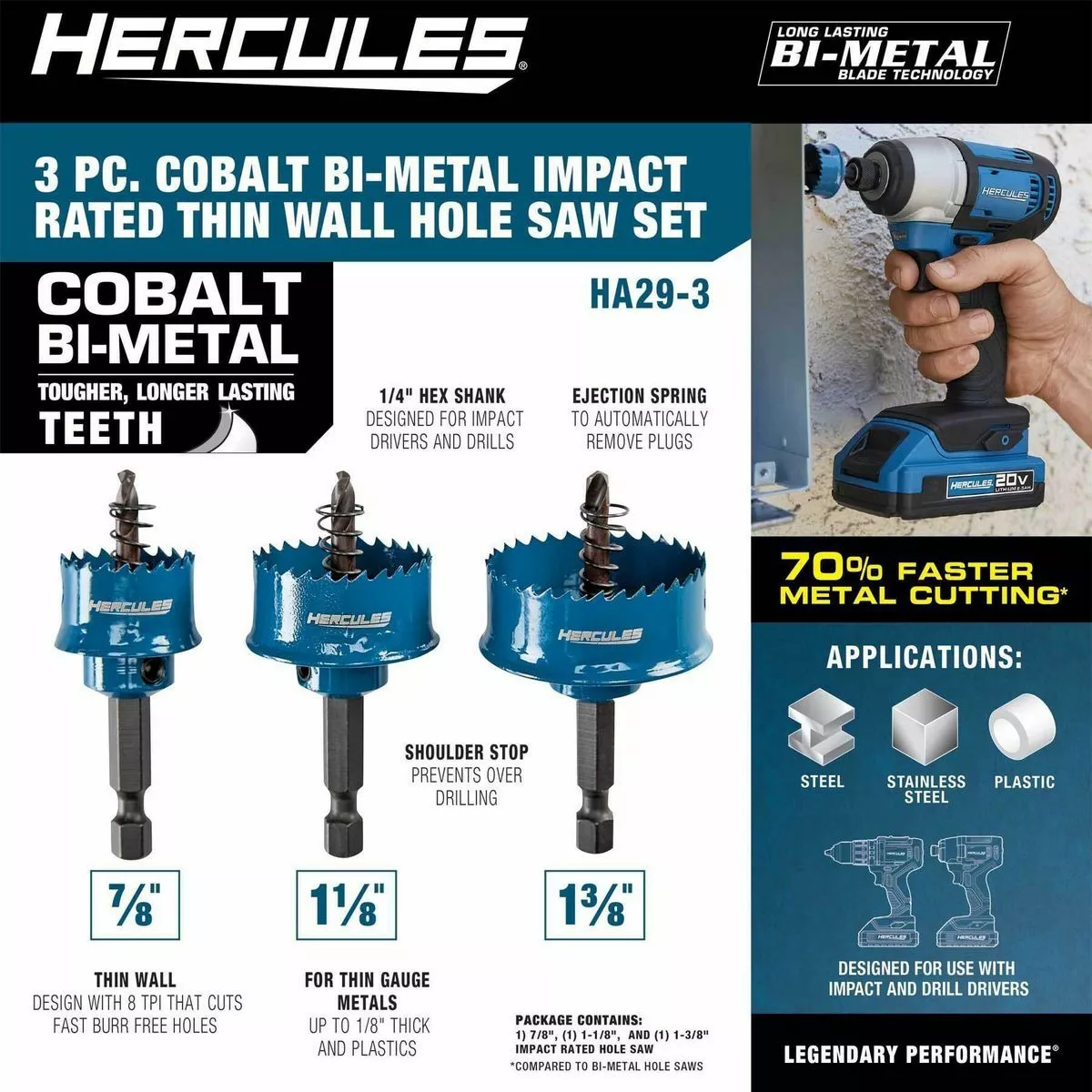 HERCULES Cobalt Bi-Metal Impact Rated Thin Wall Hole Saw Set, 3 Pc. 5 HERCULES Cobalt Bi-Metal Impact Rated Thin Wall Hole Saw Set, 3 Pc. - Image 3