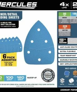 HERCULES 80/100/120 Grit Hook and Loop Corner/Detail Sanding Sheets, 6 Pk. -Cheap Hercules Store 58176 W2SS